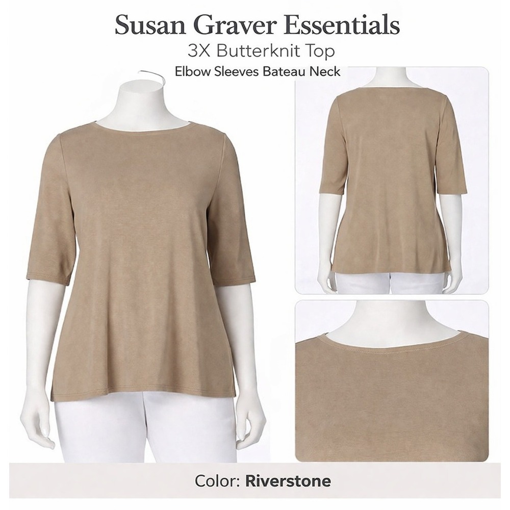 Susan Graver Essentials 3X Butterknit Top Riverstone Tan Elbow Sleeve Bateau - Picture 1 of 3